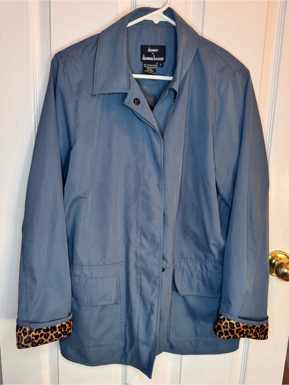 dennis basso Steel Blue Trench Coat with Leopard Cuff